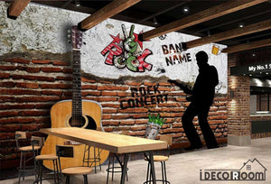 Damage Brick Wall 3D Guitar Silhouette Man Playing Guitar Restaurant Art Wall Murals Wallpaper Decals Prints Decor IDCWP-JB-001138
