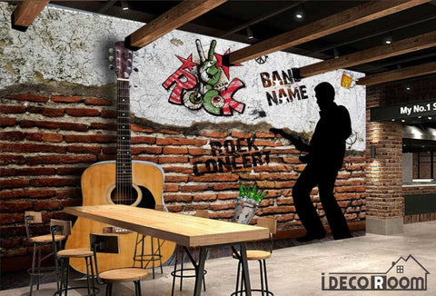 Image of Damage Brick Wall 3D Guitar Silhouette Man Playing Guitar Restaurant Art Wall Murals Wallpaper Decals Prints Decor IDCWP-JB-001138