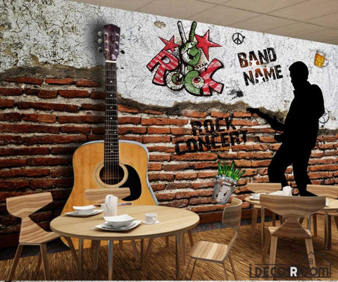Image of Damage Brick Wall 3D Guitar Silhouette Man Playing Guitar Restaurant Art Wall Murals Wallpaper Decals Prints Decor IDCWP-JB-001138