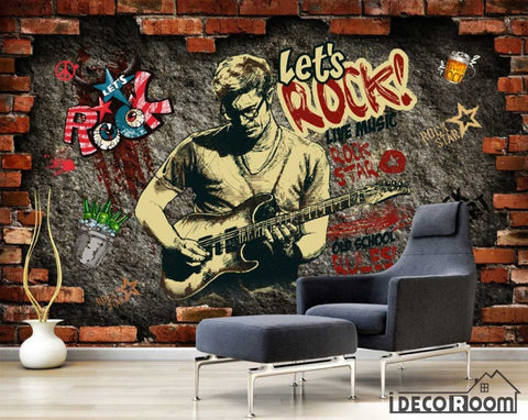 Image of Broken Brick Wall Drawing Man Playing Electric Guitar Living Room Art Wall Murals Wallpaper Decals Prints Decor IDCWP-JB-001139