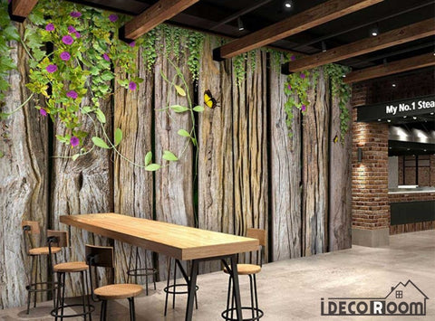 Image of Wooden Wall With Green Leaves Restaurant Art Wall Murals Wallpaper Decals Prints Decor IDCWP-JB-001141