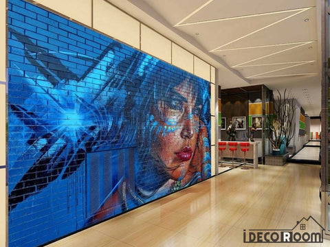 Image of Graffiti Woman Blue Hair Restaurant Art Wall Murals Wallpaper Decals Prints Decor IDCWP-JB-001143
