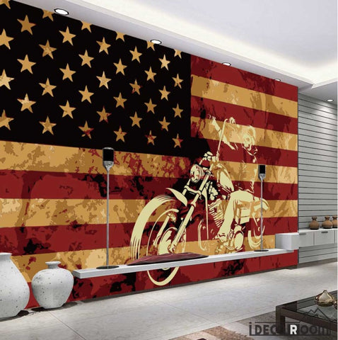 Image of Usa Flag White 3D Motorbike Restaurant Art Wall Murals Wallpaper Decals Prints Decor IDCWP-JB-001152