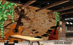 Brown Brick Wall Green Leaves 3D Guitars Restaurant Art Wall Murals Wallpaper Decals Prints Decor IDCWP-JB-001158