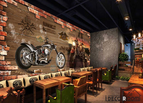 Image of Broken Brick Wall 3D Black Motorbike Restaurant Art Wall Murals Wallpaper Decals Prints Decor IDCWP-JB-001159