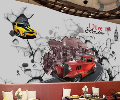 Image of Old Vintage Red Car Breaking Through Cement Wall Restaurant Art Wall Murals Wallpaper Decals Prints Decor IDCWP-JB-001166