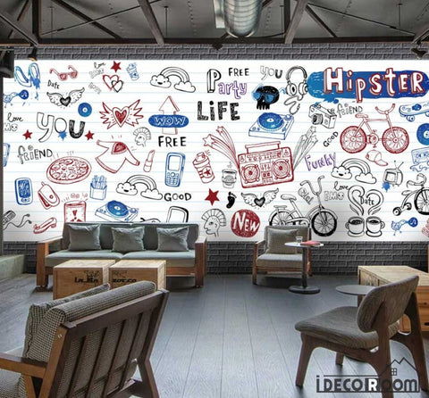Image of White Wall Hipster Drawing Restaurant Art Wall Murals Wallpaper Decals Prints Decor IDCWP-JB-001169