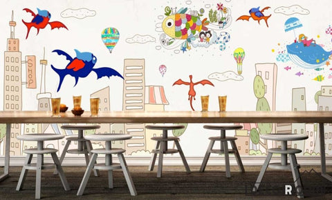 Image of Kids Cartoon Illustration Flying Fish Restaurant Art Wall Murals Wallpaper Decals Prints Decor IDCWP-JB-001176