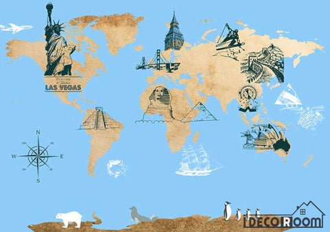 Image of Drawing World Map Icon City Monuments Restaurant Art Wall Murals Wallpaper Decals Prints Decor IDCWP-JB-001179