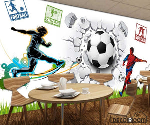 White Wall 3D Football Ball Breaking Through Wall Soccer Players Restaurant Art Wall Murals Wallpaper Decals Prints Decor IDCWP-JB-001180