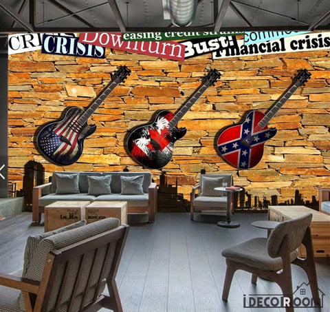 Image of 3D Electric Guitar Hanging Brick Wall Restaurant Art Wall Murals Wallpaper Decals Prints Decor IDCWP-JB-001186