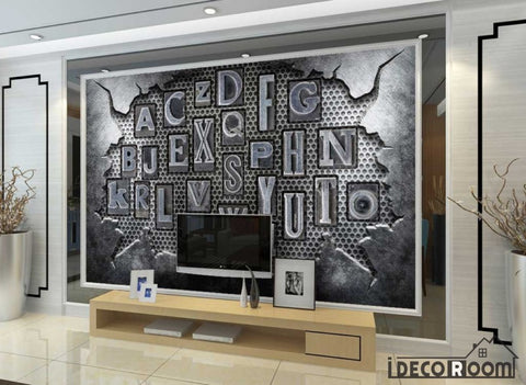 Image of Broken Metal Wall 3D Typography Letters Living Room Restaurant Art Wall Murals Wallpaper Decals Prints Decor IDCWP-JB-001187