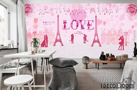 Image of Pink Wall Drawing Eiffel Tower Love Living Room Art Wall Murals Wallpaper Decals Prints Decor IDCWP-JB-001192