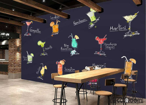 Image of Drawing Cocktail Drinks On Wall Restaurant Art Wall Murals Wallpaper Decals Prints Decor IDCWP-JB-001195