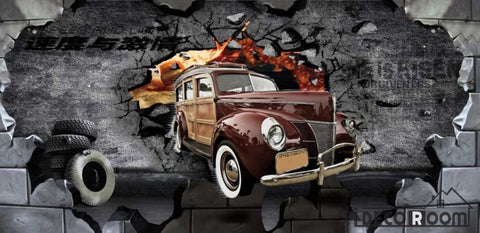 Image of Old Vintage Car Braking Through Black Cement Wall Ktv Club Art Wall Murals Wallpaper Decals Prints Decor IDCWP-JB-001196