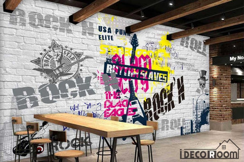 White Brick Wall Graphic Design Rock And Roll Letters Restaurant Art Wall Murals Wallpaper Decals Prints Decor IDCWP-JB-001215
