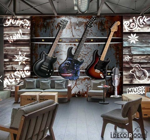 Image of 3D Electric Guitar Hanging Metal Wall Restaurant Art Wall Murals Wallpaper Decals Prints Decor IDCWP-JB-001216