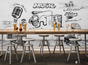 White Brick Wall Black And White Drawing Music Restaurant Bar Art Wall Murals Wallpaper Decals Prints Decor IDCWP-JB-001237