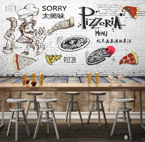 White Brick Wall Black And White Drawing Pizza Pizzeria Restaurant Art Wall Murals Wallpaper Decals Prints Decor IDCWP-JB-001239