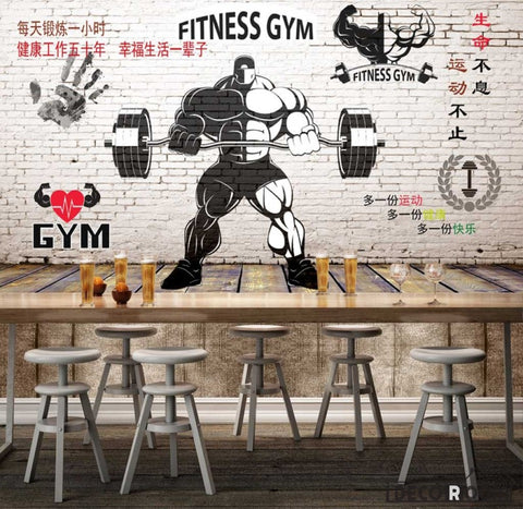 White Brick Wall Black And White Fitness Gym Drawing Restaurant Art Wall Murals Wallpaper Decals Prints Decor IDCWP-JB-001240