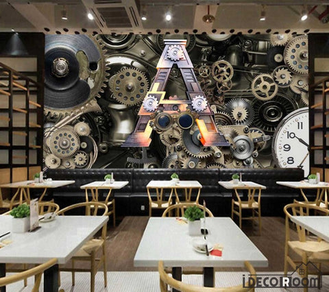 Image of 3D Black Gear Restaurant Art Wall Murals Wallpaper Decals Prints Decor IDCWP-JB-001251