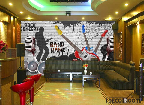 Image of Black And White Brick Wall Drawing Electric Guitars Music Rock Restaurant Living Room Art Wall Murals Wallpaper Decals Prints Decor IDCWP-JB-001255