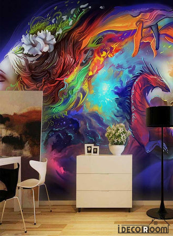 Image of Colorful Graphic Design Woman With Rainbow Hair Dragon Living Room Restaurant Art Wall Murals Wallpaper Decals Prints Decor IDCWP-JB-001257