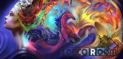 Image of Colorful Graphic Design Woman With Rainbow Hair Dragon Living Room Restaurant Art Wall Murals Wallpaper Decals Prints Decor IDCWP-JB-001257