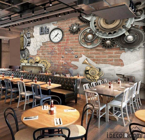 3D Gears On Red Brick Wall Restaurant Art Wall Murals Wallpaper Decals Prints Decor IDCWP-JB-001266