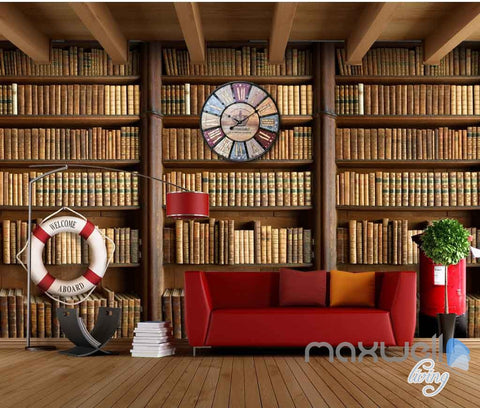 Image of 3D Retro Clock Book Shelf Wall Paper Mural Art Print Decals Business Decor IDCWP-SJ-000010