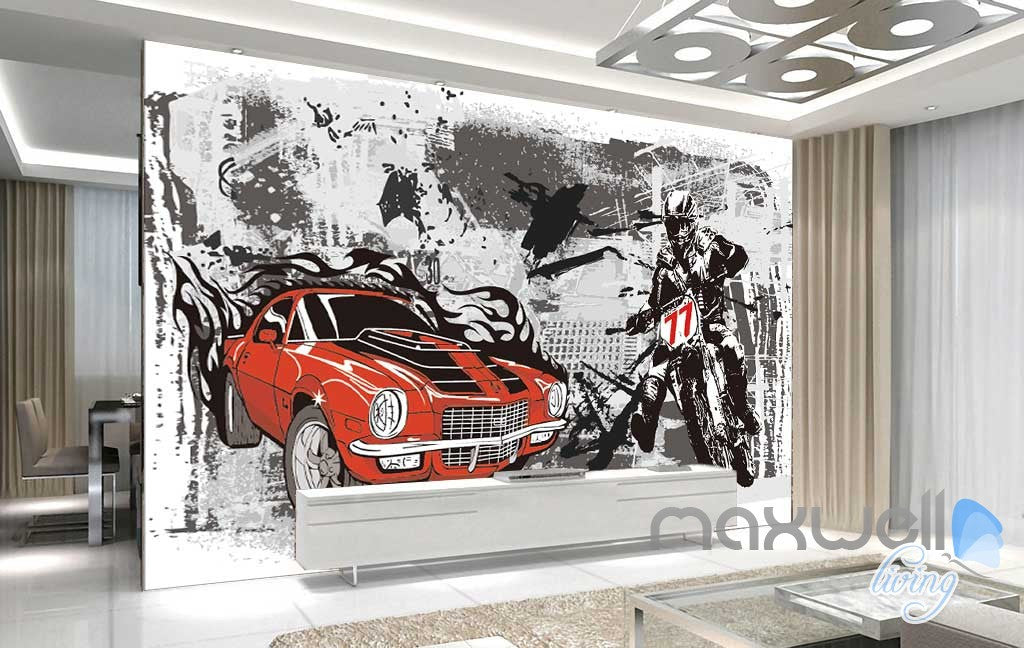 3D Retro Racing Car Motorbike Wall Mural Paper Art Print Decals IDCWP-TY-000021