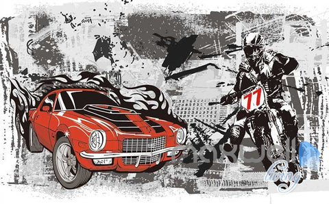 Image of 3D Retro Racing Car Motorbike Wall Mural Paper Art Print Decals IDCWP-TY-000021