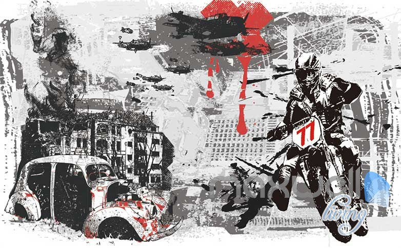 Black White Red Urban Motorbike Wall Mural Paper Art Print Decals Decor IDCWP-TY-000026