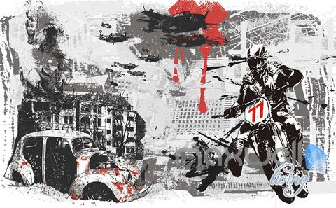 Image of Black White Red Urban Motorbike Wall Mural Paper Art Print Decals Decor IDCWP-TY-000026