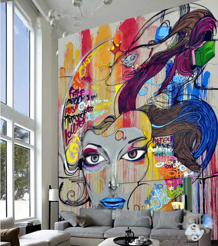 Image of Abstract Graffiti Cat Woman Wall Murals Paper Art Print Decals Decor IDCWP-TY-000033