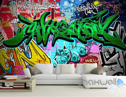Image of 3D Graffiti Green Letters Wall Art Murals Paper Print Decals Decor Wallpaper IDCWP-TY-000061