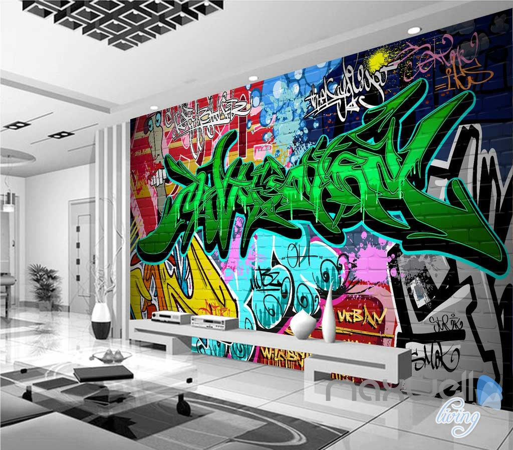 3D Graffiti Green Letters Wall Art Murals Paper Print Decals Decor Wallpaper IDCWP-TY-000061