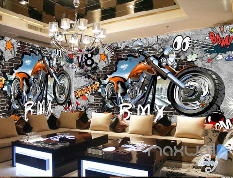 Image of 3D Graffiti Motorbike Break Brick Wall Art Murals Paper Print Decals Decor IDCWP-TY-000079