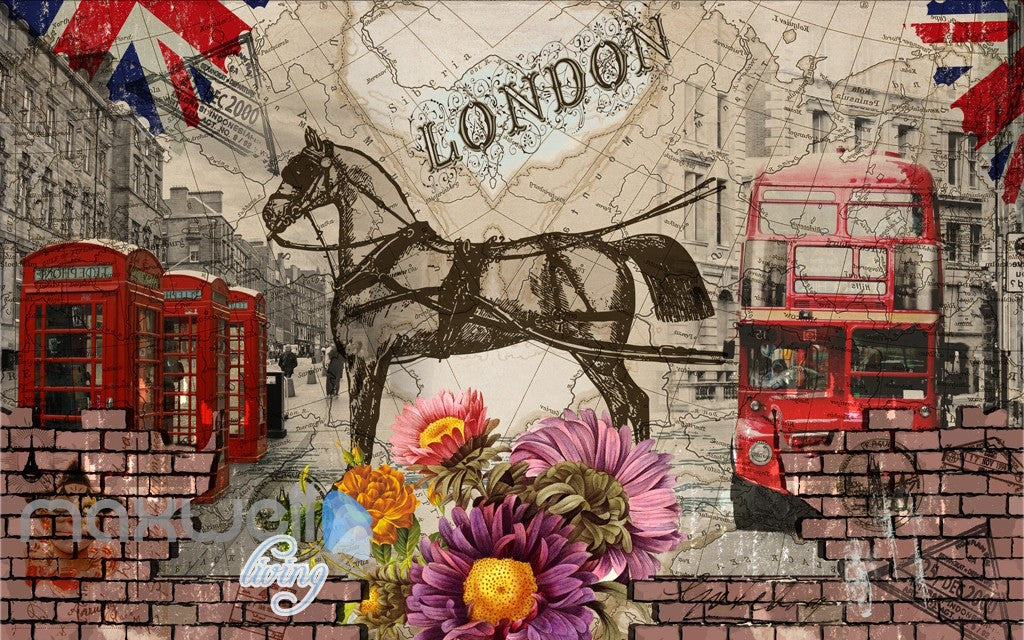 3D Vintage London Bus Horse Wall Murals Wallpaper Wall Art Decals Graffiti Decor IDCWP-TY-000089
