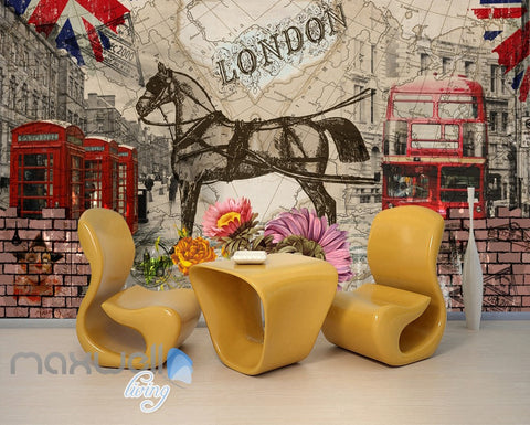 Image of 3D Vintage London Bus Horse Wall Murals Wallpaper Wall Art Decals Graffiti Decor IDCWP-TY-000089
