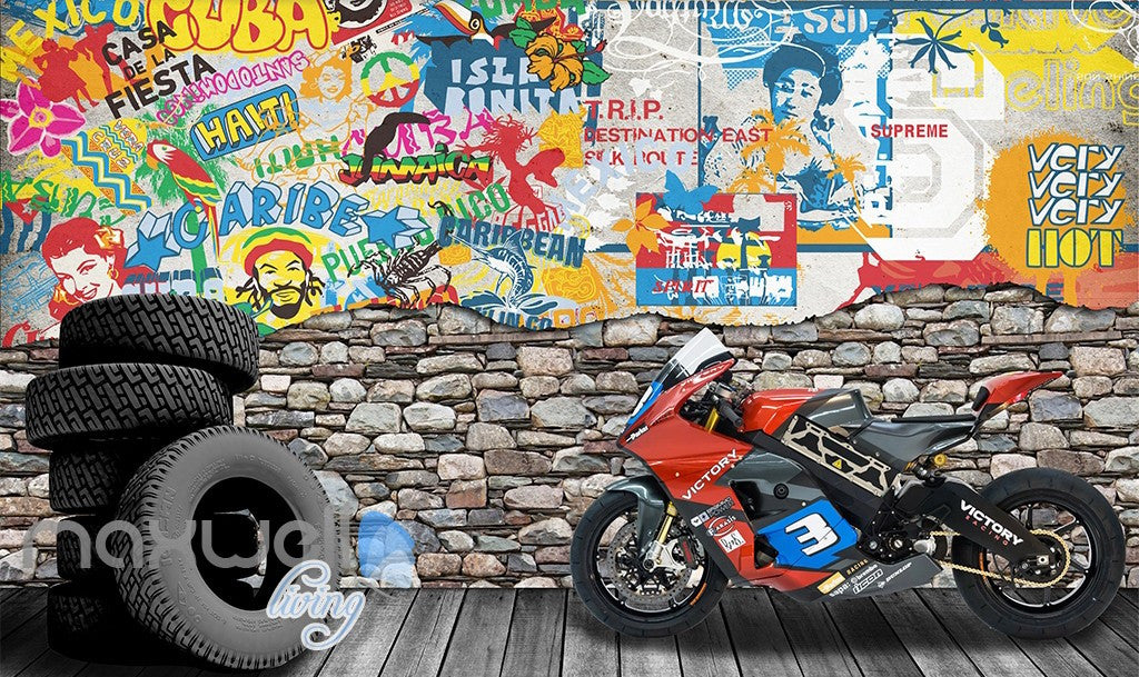 3D Graffiti Motor Wheels Rock Wall Murals Wallpaper Wall Art Decals Decor IDCWP-TY-000111