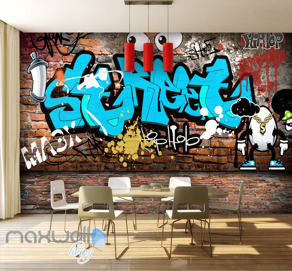 3D Graffiti Eyes Blue Words Bricks Wall Murals Wallpaper Wall Art Decals Decor IDCWP-TY-000114