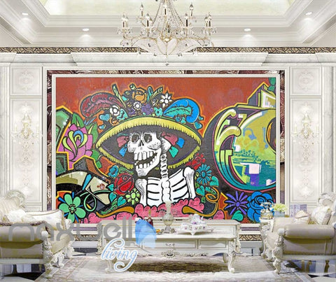 Image of 3D Graffiti Skeleton Rose Daisy Flower Wall Murals Wallpaper Decals Print Decor IDCWP-TY-000184