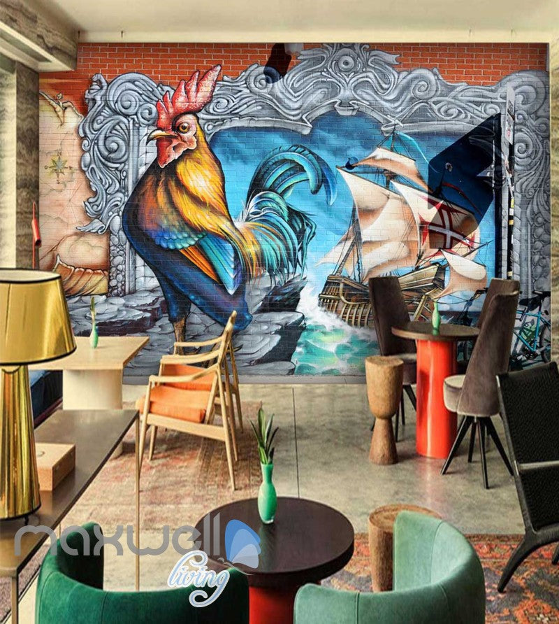 3D Graffiti Rooster Sail Boat Paint Wall Murals Wallpaper Decals Prints Decor IDCWP-TY-000228