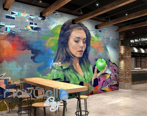 Image of 3D Graffiti Green Apple Lady Portrait Wall Murals Wallpaper Decals Prints Decor IDCWP-TY-000230