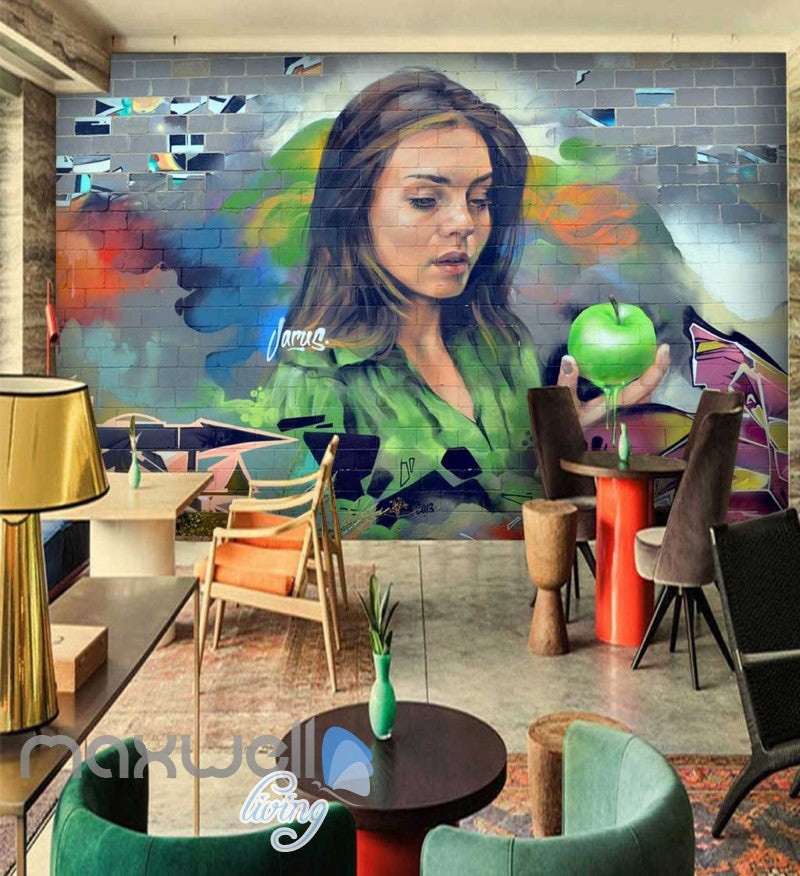 3D Graffiti Green Apple Lady Portrait Wall Murals Wallpaper Decals Prints Decor IDCWP-TY-000230