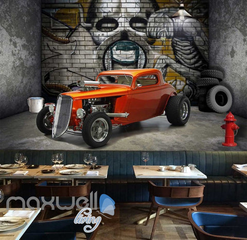 Image of 3D Graffiti Retro Car wheel Garage Art Wall Murals Wallpaper Decals Prints Decor IDCWP-TY-000243