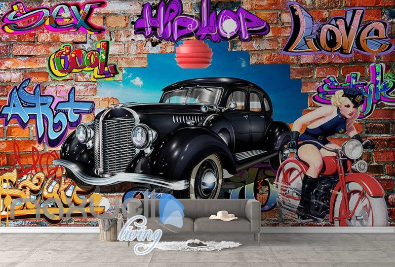 3D Graffiti Vintage Car Motorbike Break Wall Murals Wallpaper Decals Print Decor IDCWP-TY-000275