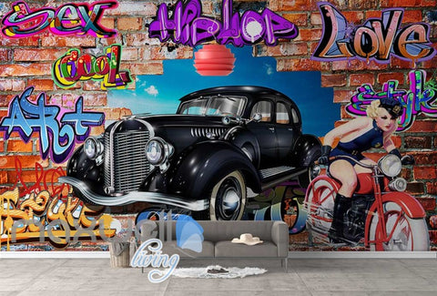 Image of 3D Graffiti Vintage Car Motorbike Break Wall Murals Wallpaper Decals Print Decor IDCWP-TY-000275