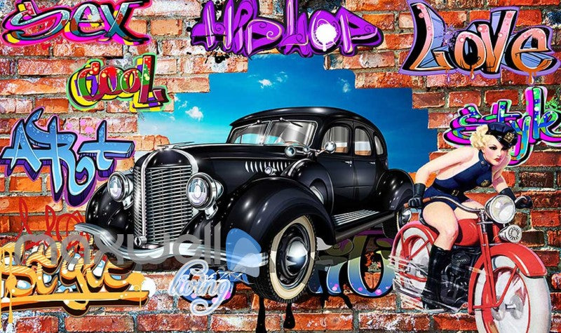 3D Graffiti Vintage Car Motorbike Break Wall Murals Wallpaper Decals Print Decor IDCWP-TY-000275